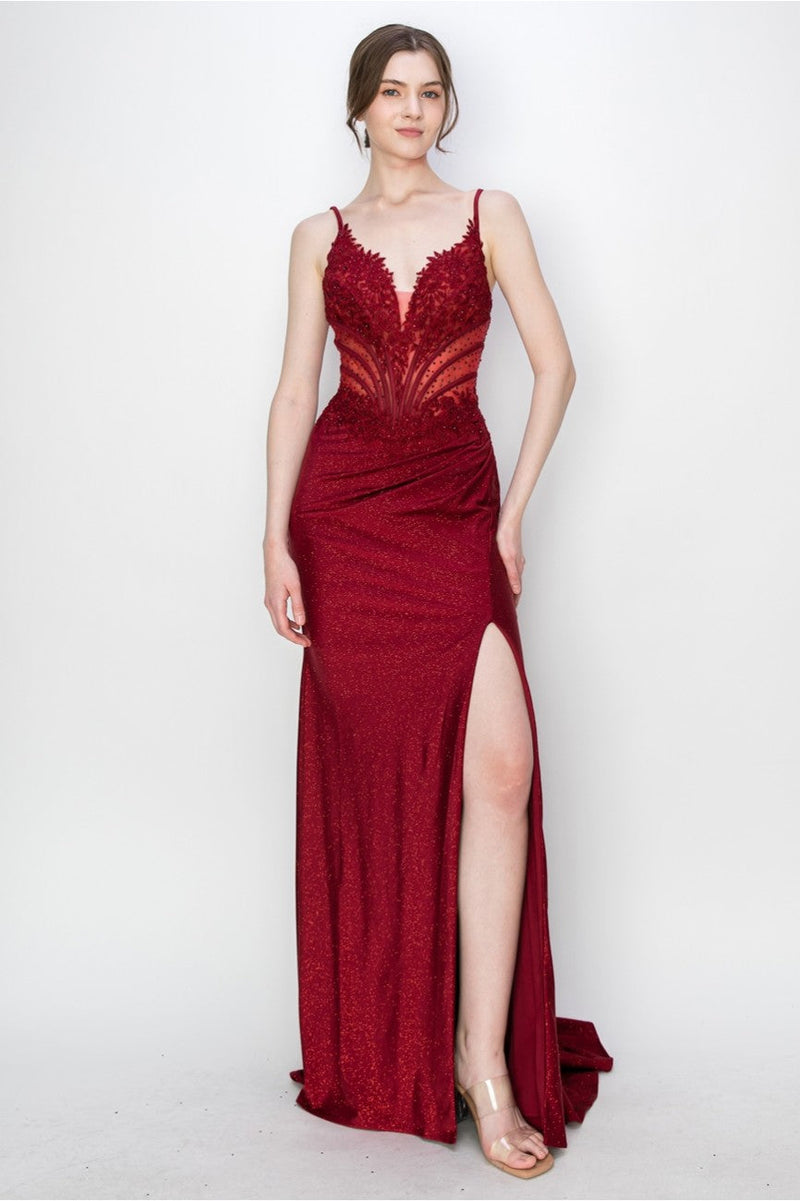 High Couture MJ1019 Long Formal Fitted Corset Slit Evening Prom Gown