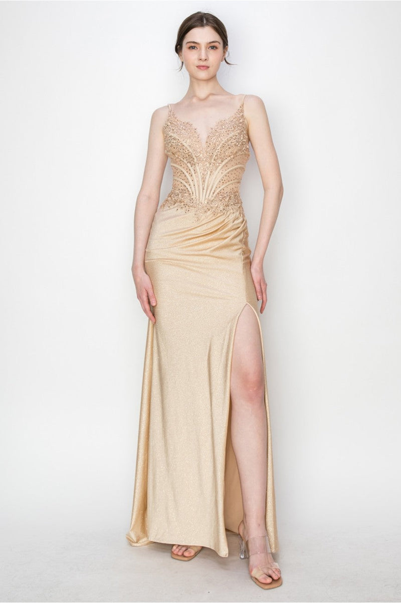 High Couture MJ1019 Long Formal Fitted Corset Slit Evening Prom Gown