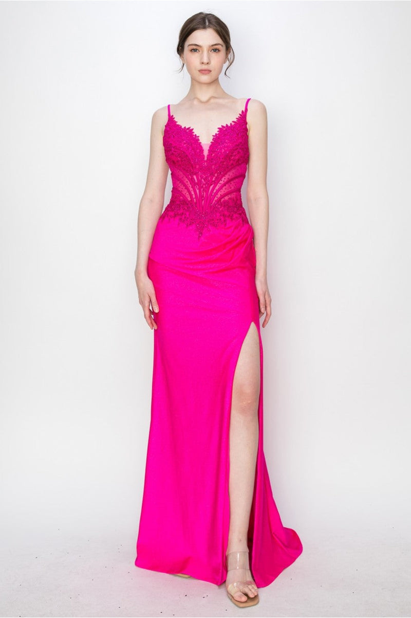 High Couture MJ1019 Long Formal Fitted Corset Slit Evening Prom Gown