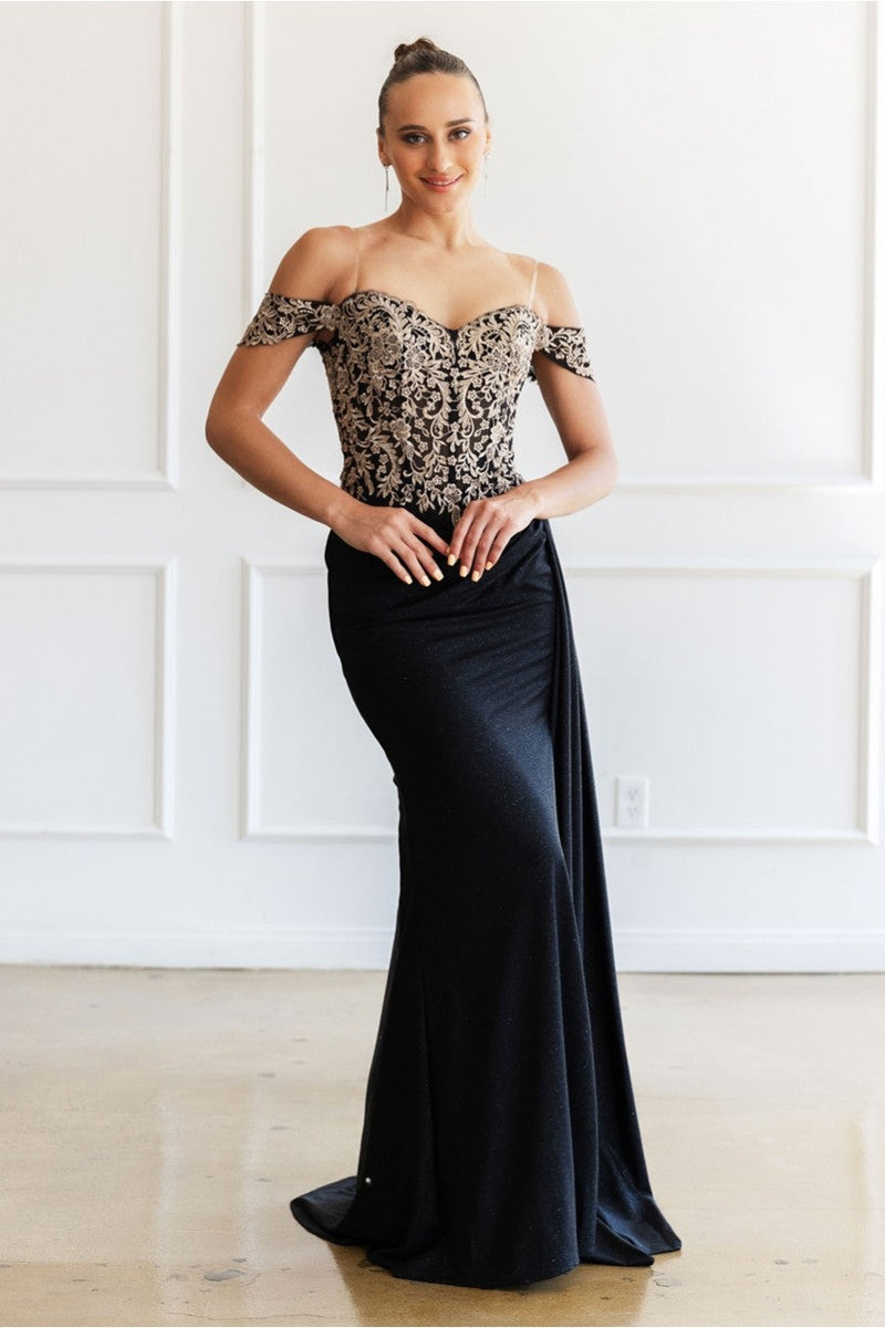 High Couture MJ1021 Glitter Long Formal Lace Applique Prom Dress