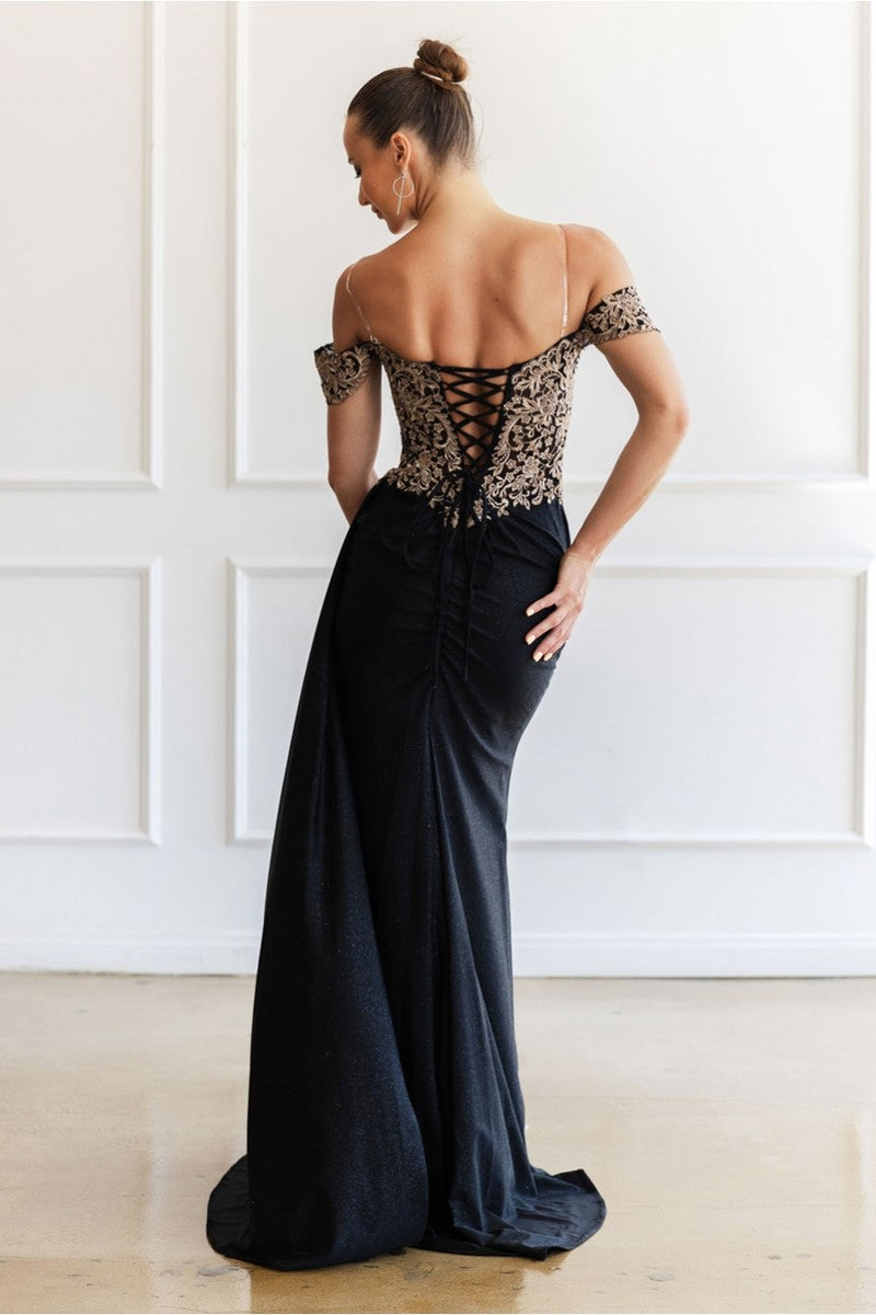 High Couture MJ1021 Glitter Long Formal Lace Applique Prom Dress