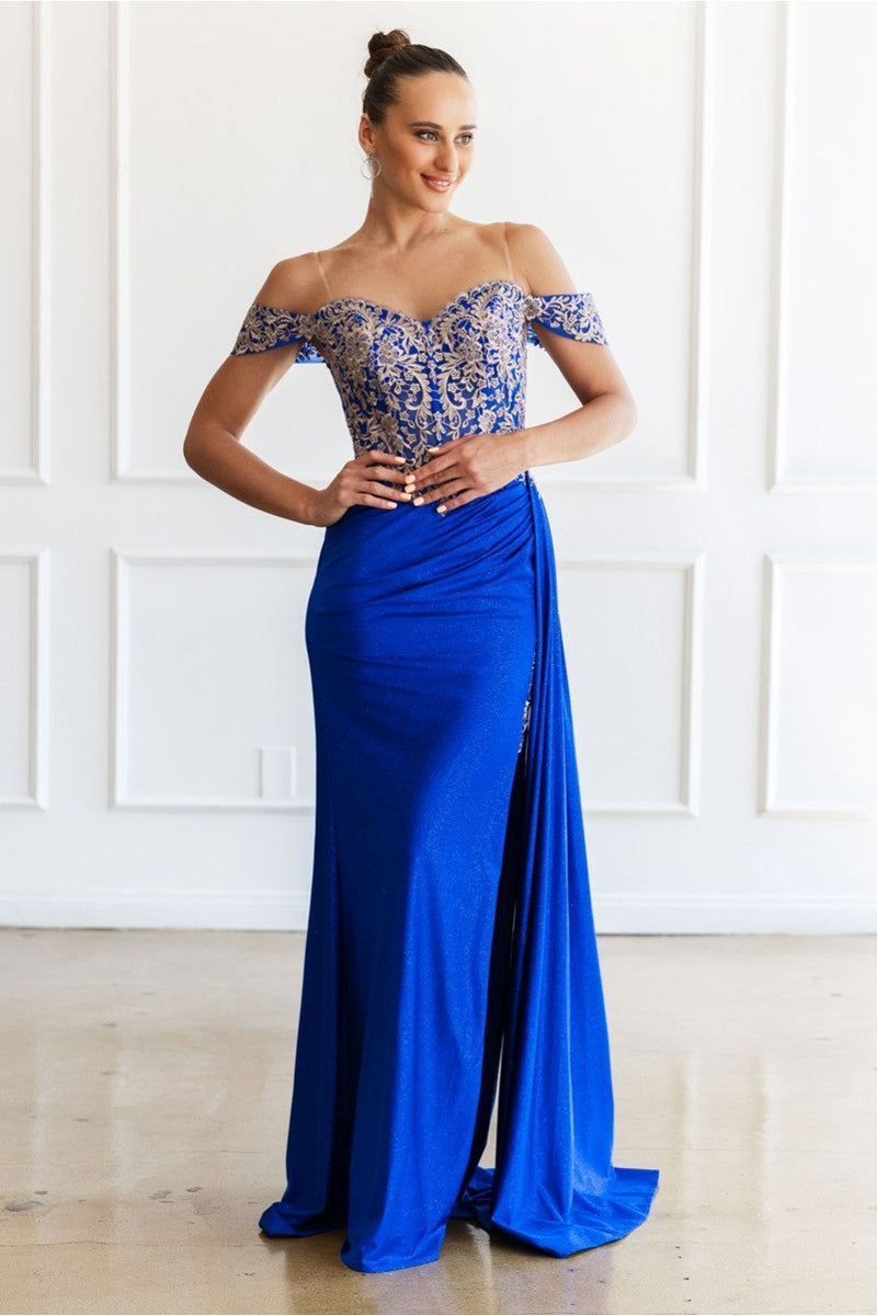 High Couture MJ1021 Glitter Long Formal Lace Applique Prom Dress