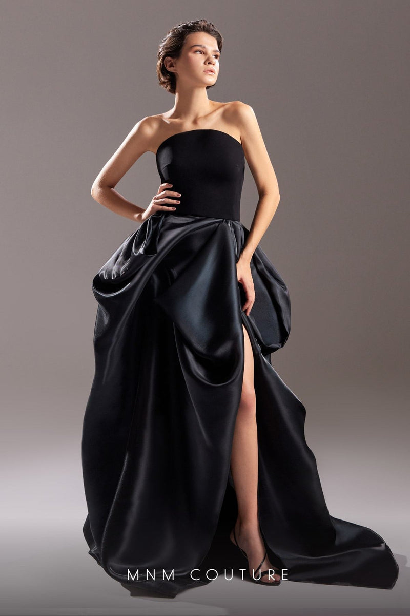 Gaby Charbachy G1509 Strapless Satin Ball Gown with Slit in Black