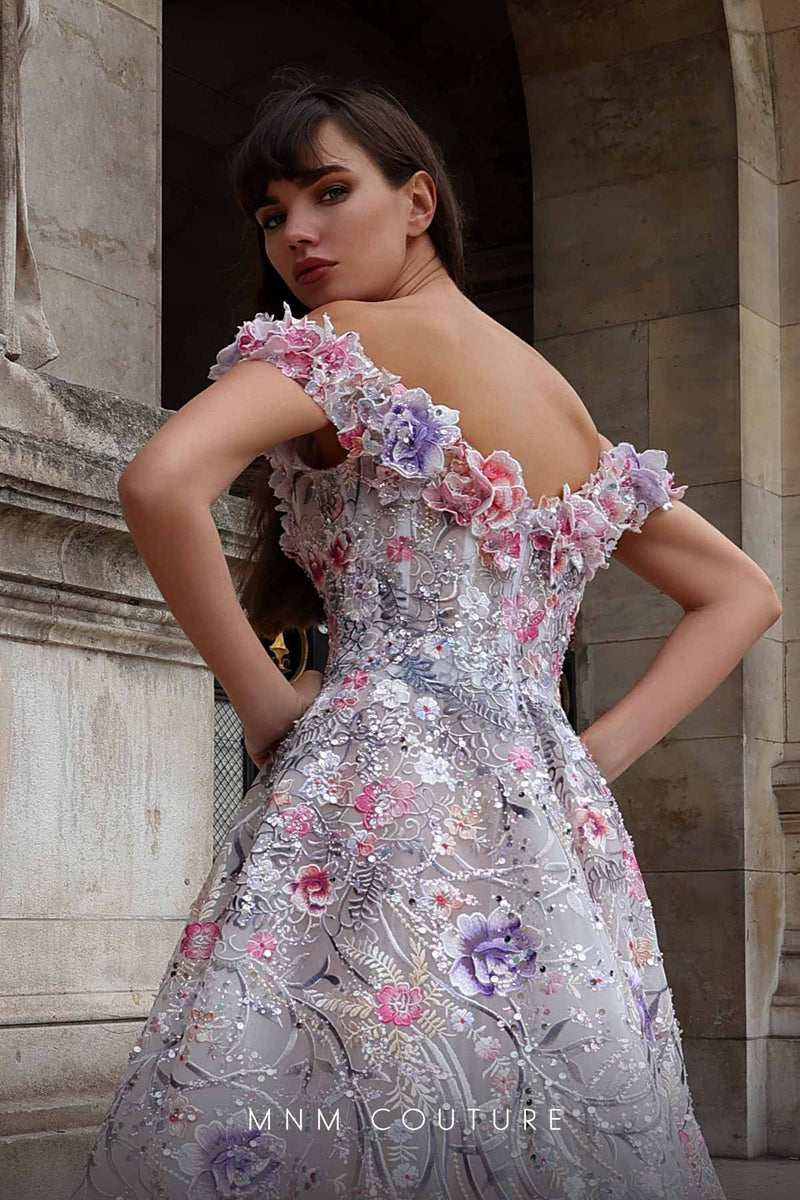 MNM Couture K4013 Off-Shoulder Floral Embellished White Gown