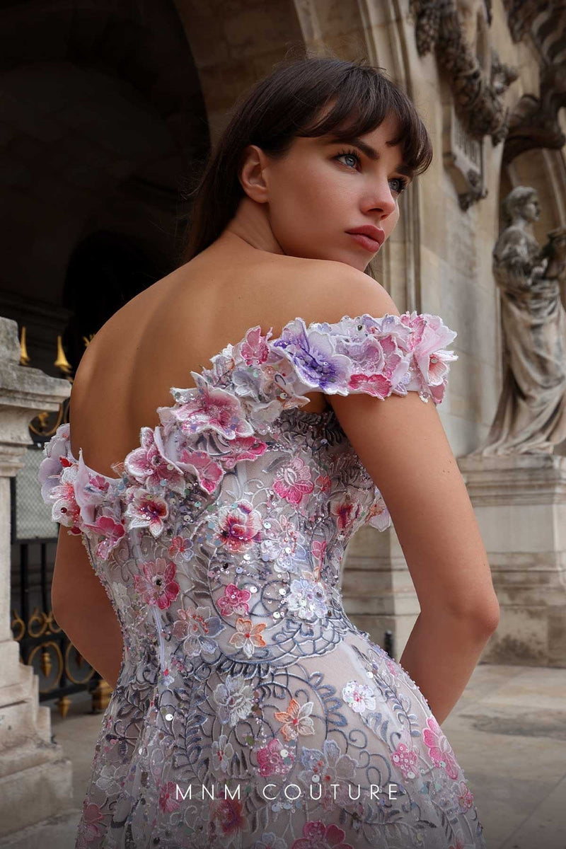 MNM Couture K4013 Off-Shoulder Floral Embellished White Gown