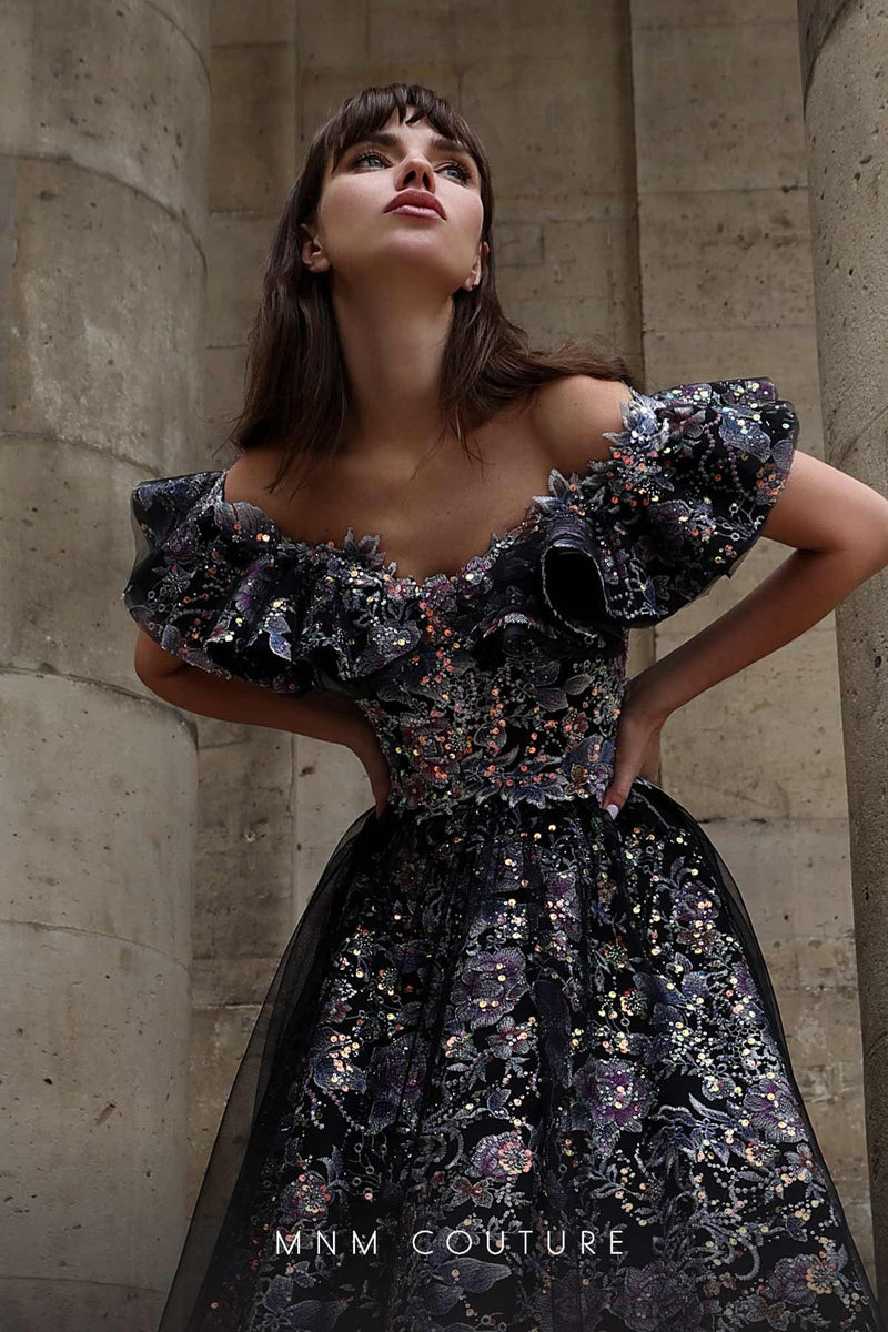 MNM Couture K4018 Black Off-Shoulder Sequin Ball Gown