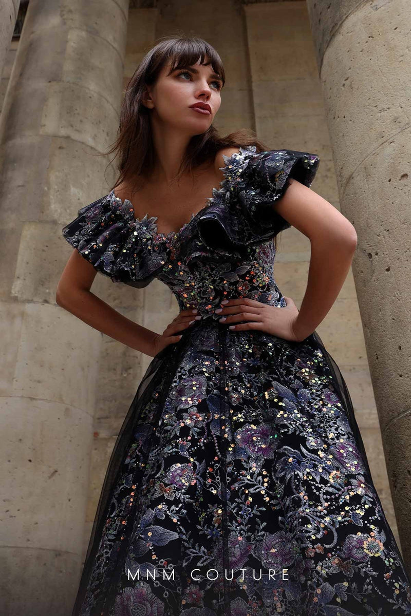 MNM Couture K4018 Black Off-Shoulder Sequin Ball Gown