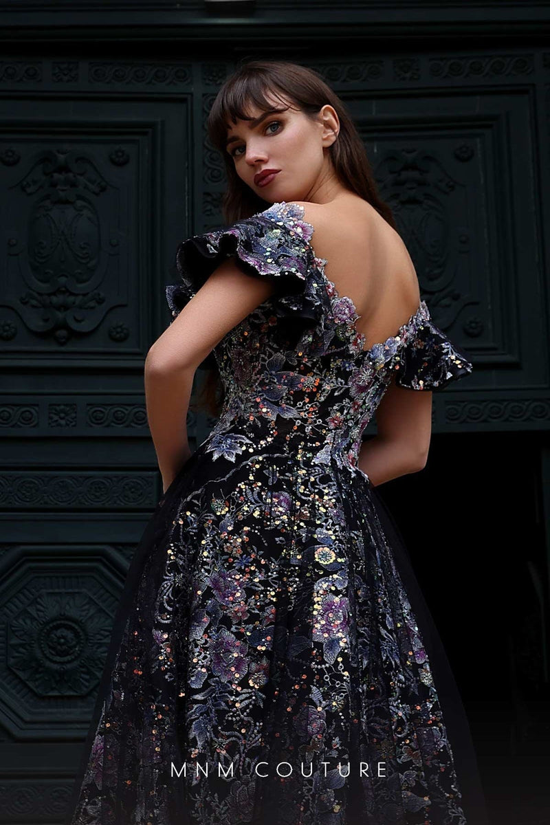 MNM Couture K4018 Black Off-Shoulder Sequin Ball Gown