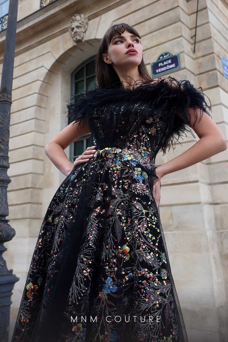 Black Feather-Shoulder Ball Gown by MNM Couture K4021