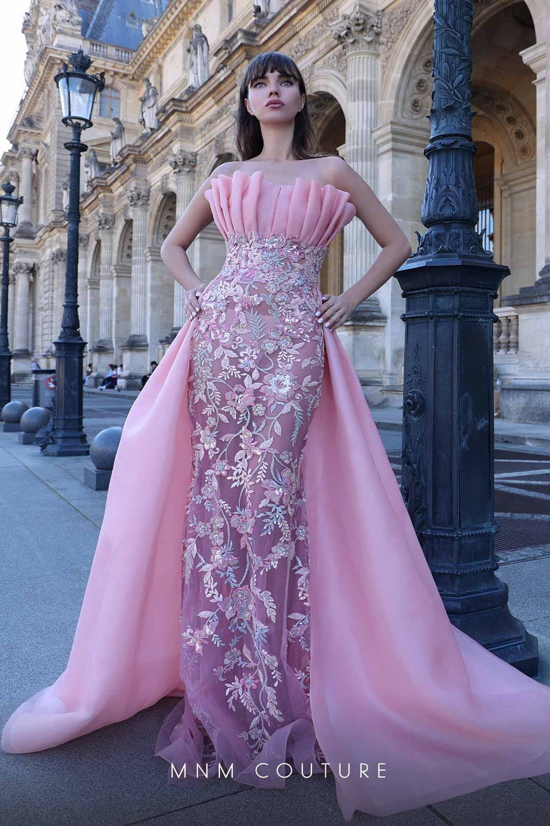 MNM Couture K4023 Strapless Pink Gown with Embellished Overskirt