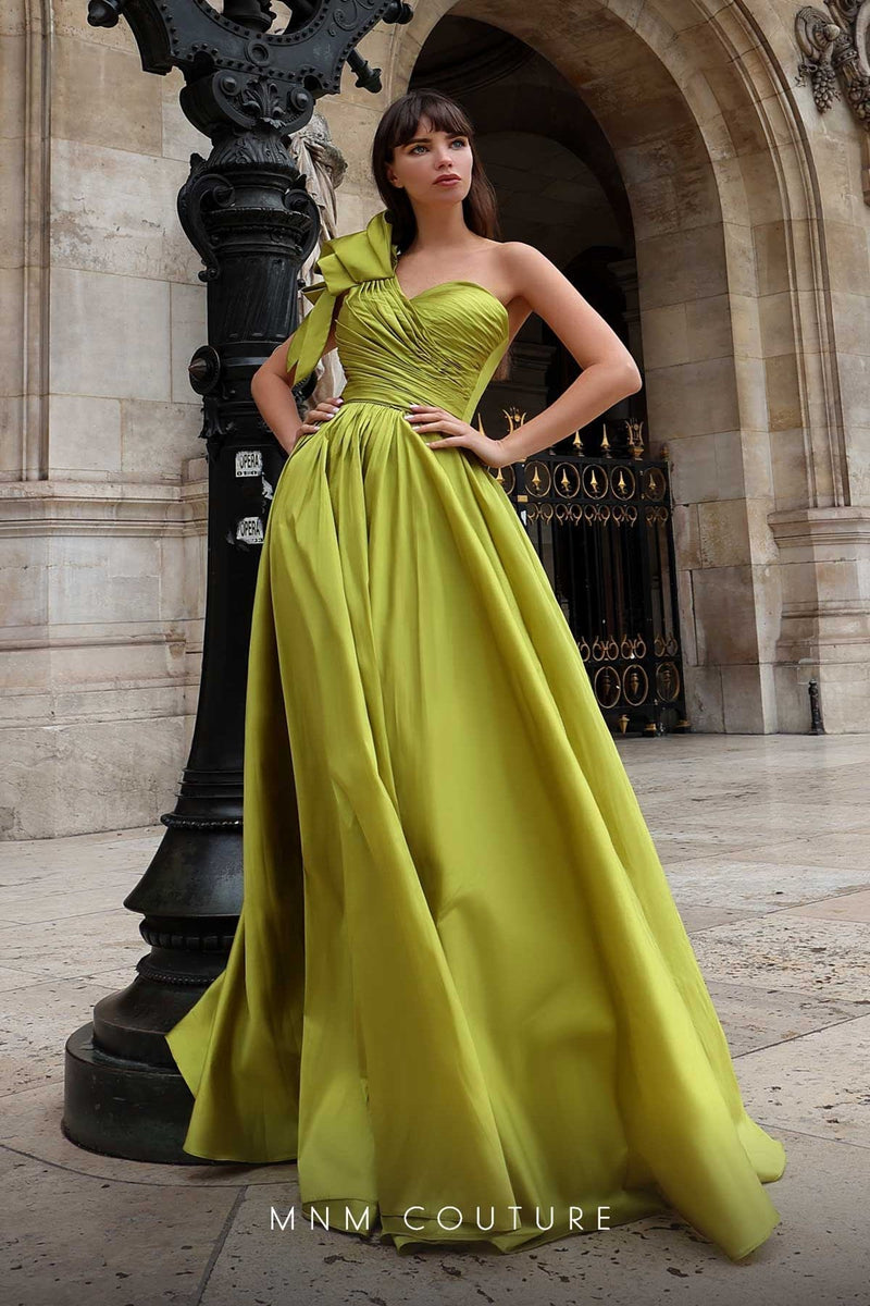 MNM Couture K4026 One-Shoulder Blue Gown with Draped Bodice and High Slit