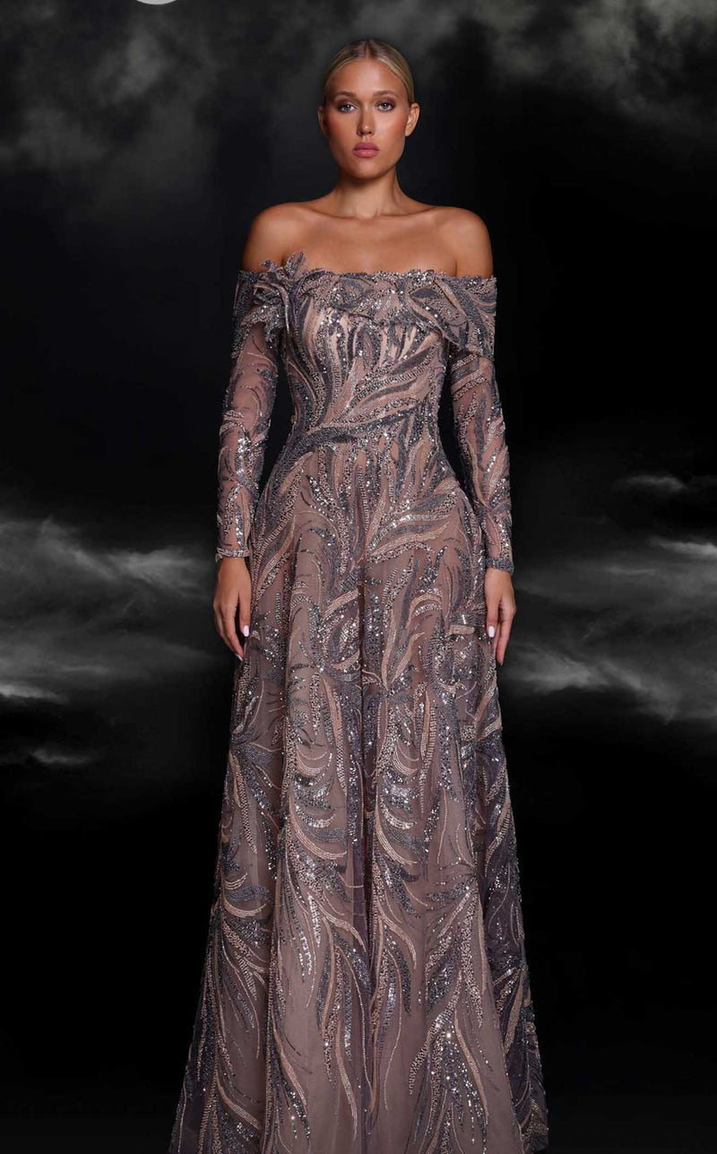 MNM Couture K4105 Off-Shoulder Blue Embellished Gown