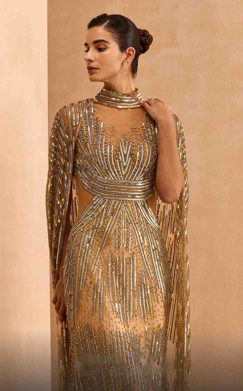 MNM Couture M1145 Embellished Sheer Cape Sleeve Gown – Black