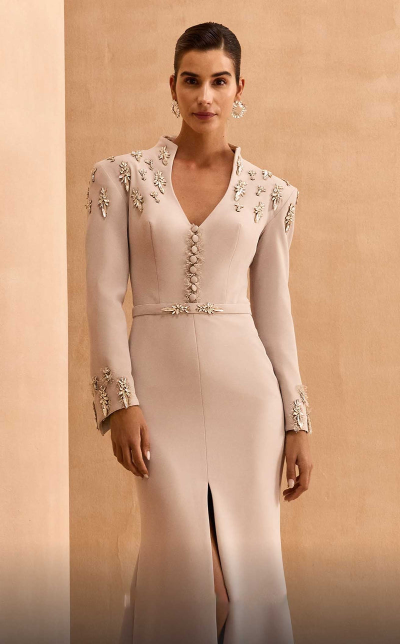 MNM Couture V02030 Beige Long-Sleeve Embellished Gown with Slit