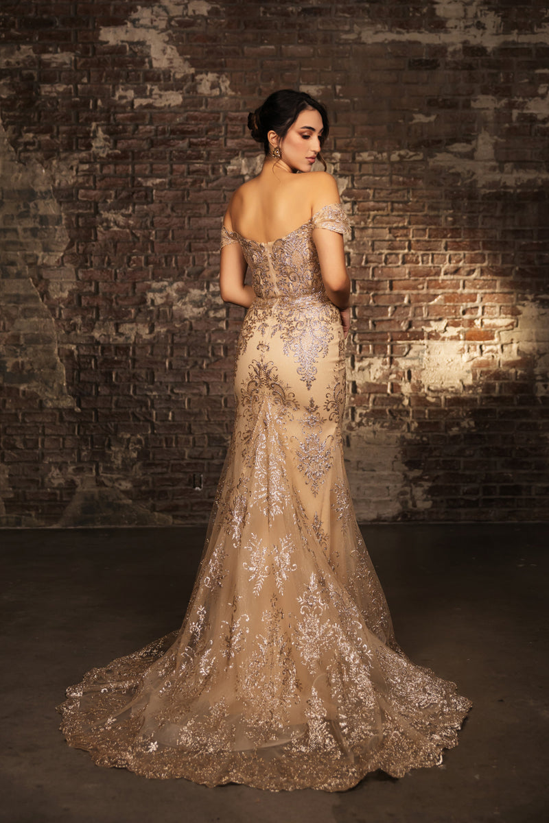 May Queen MQ2158 Off-Shoulder Glitter Gown with High Slit Formal Prom & Red-Carpet Dress-New Collection