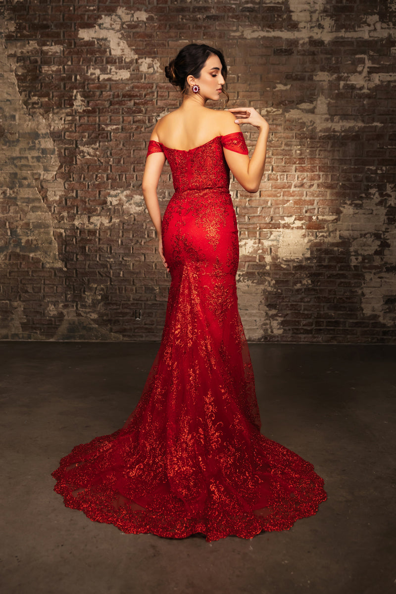 May Queen MQ2158 Off-Shoulder Glitter Gown with High Slit Formal Prom & Red-Carpet Dress-New Collection