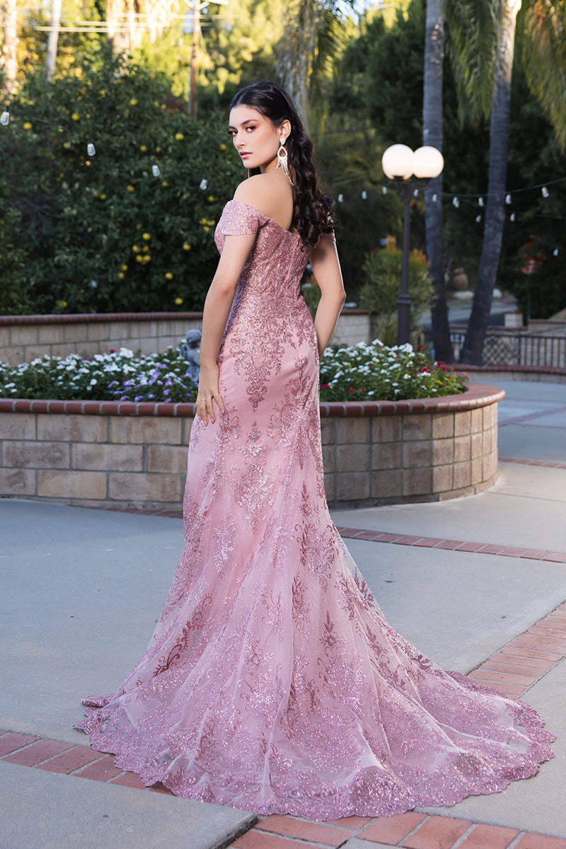 May Queen MQ2158 Off-Shoulder Glitter Gown with High Slit Formal Prom & Red-Carpet Dress-New Collection