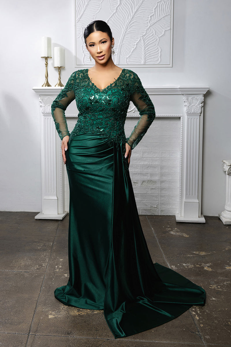Elegant Lace Mother of the Bride Gown with Long Sleeves & Satin Skirt Dress by May Queen MQ2172