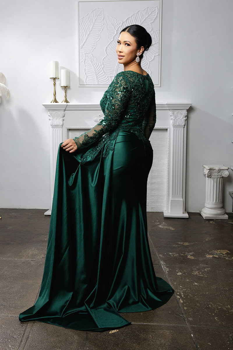Elegant Lace Mother of the Bride Gown with Long Sleeves & Satin Skirt Dress by May Queen MQ2172