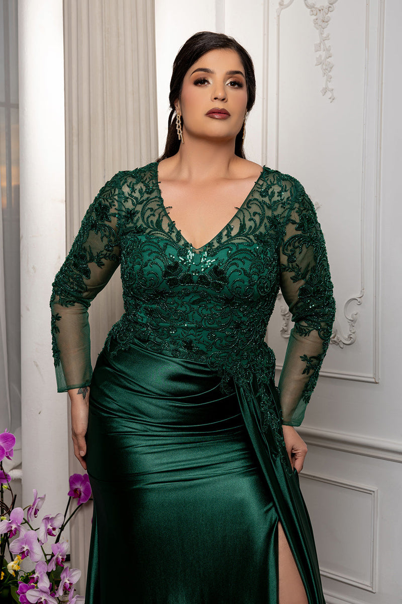 Elegant Lace Mother of the Bride Gown with Long Sleeves & Satin Skirt Dress by May Queen MQ2172