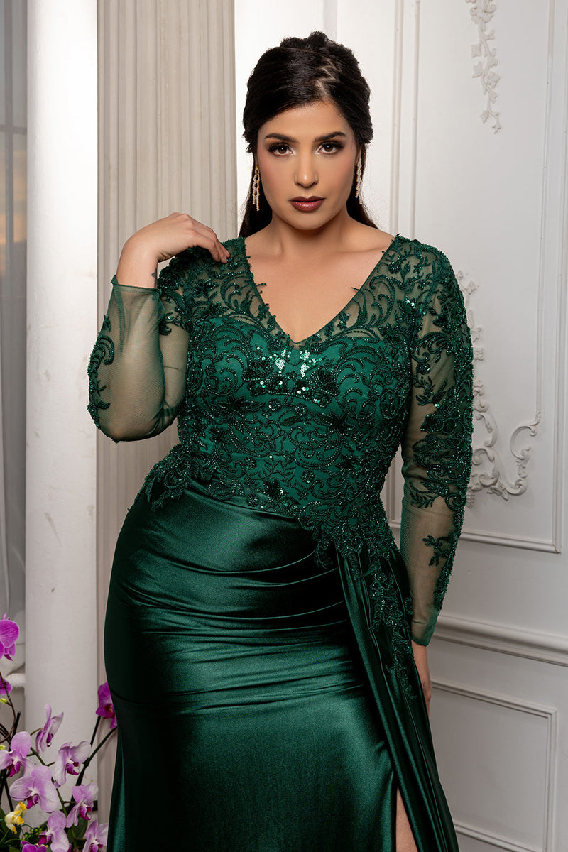 Elegant Lace Mother of the Bride Gown with Long Sleeves & Satin Skirt Dress by May Queen MQ2172