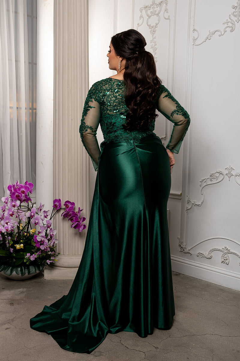 Elegant Lace Mother of the Bride Gown with Long Sleeves & Satin Skirt Dress by May Queen MQ2172