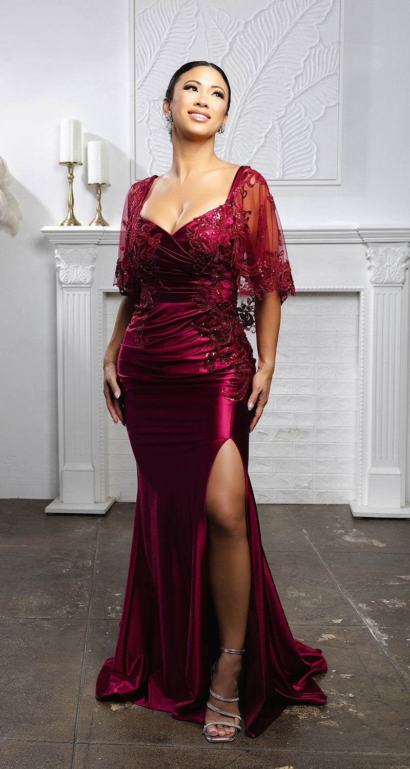 Plus Size Sequin Mermaid Mother of the Bride Gown with Sweetheart Neckline & Side Slit By May Queen MQ2173B