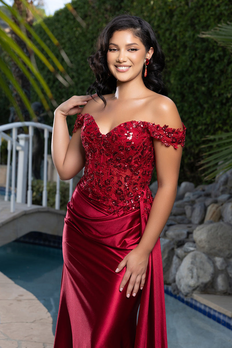 Off Shoulder Sequin Lace Satin Gown Fitted Corset Bodice Draped Skirt & Train by May Queen MQ2177