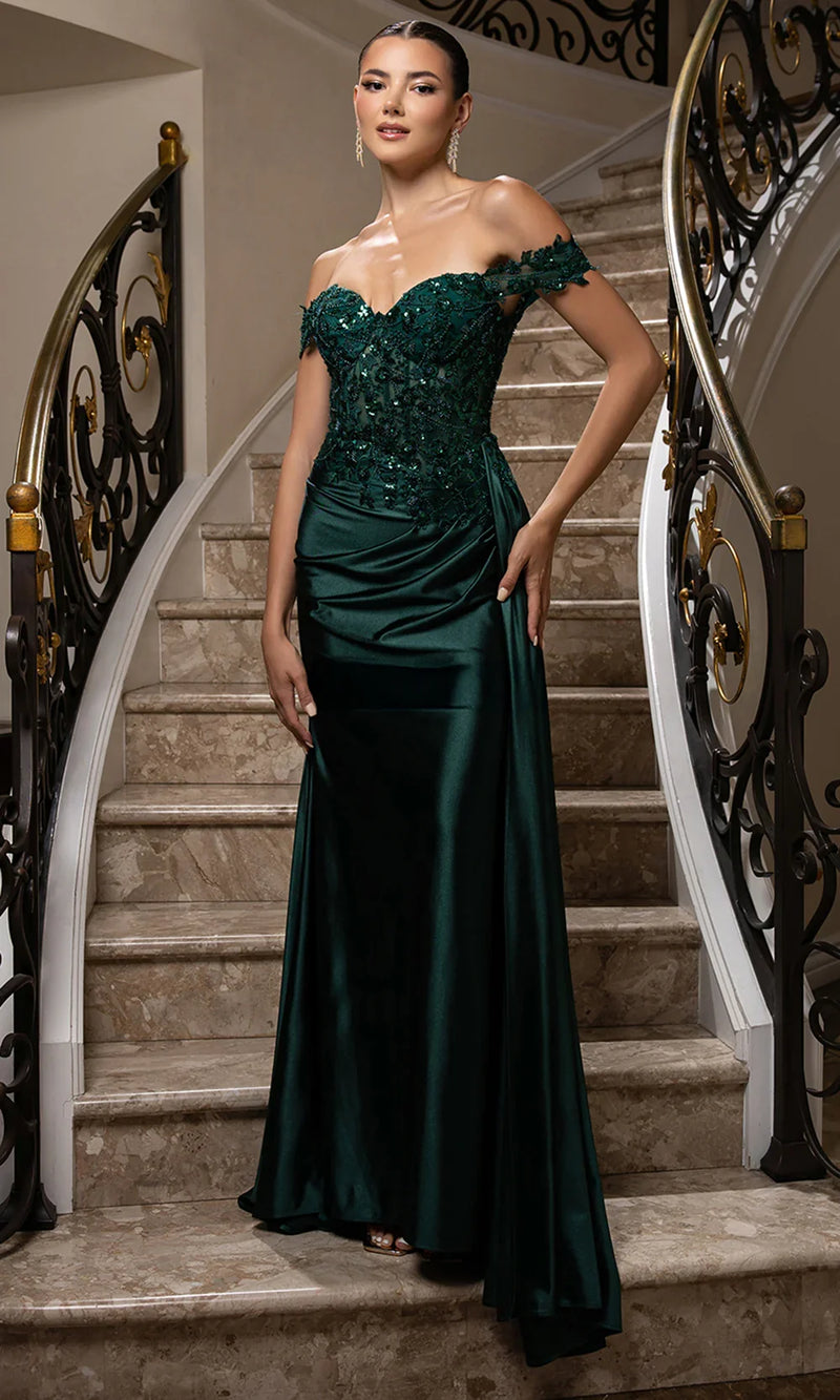Off Shoulder Sequin Lace Satin Gown Fitted Corset Bodice Draped Skirt & Train by May Queen MQ2177