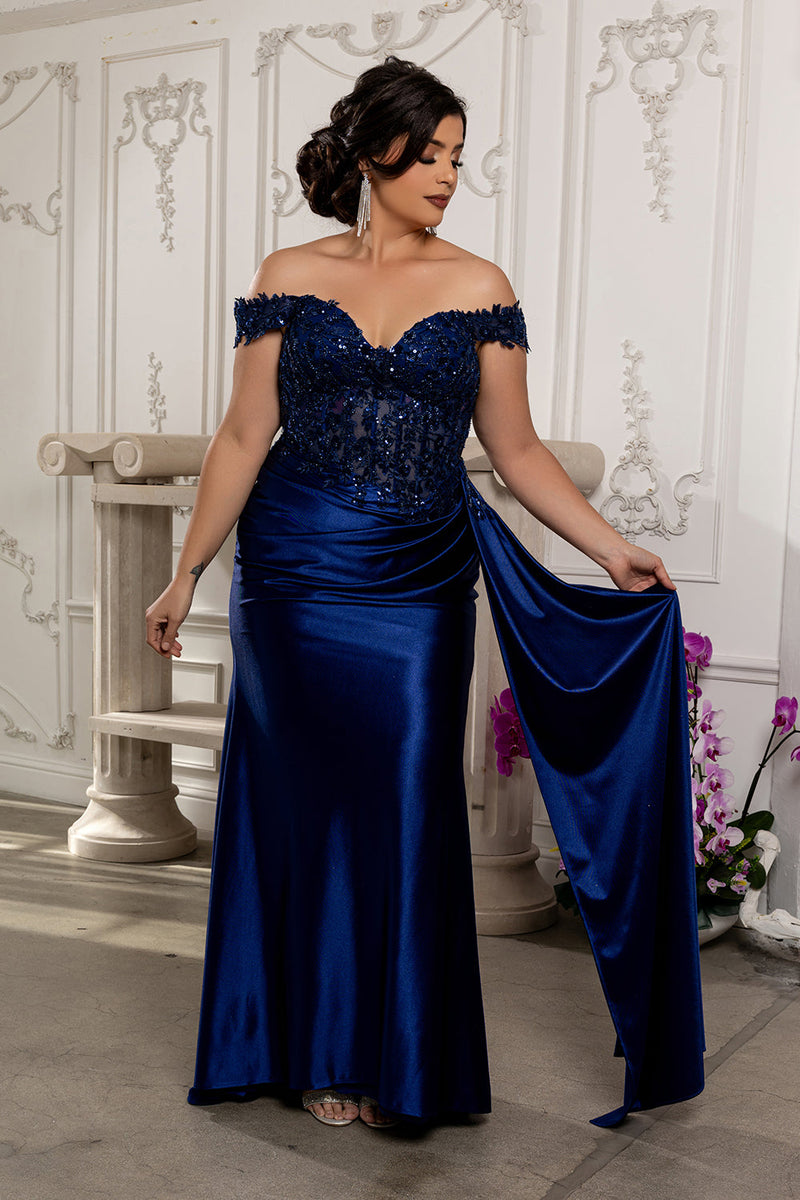 Off Shoulder Sequin Lace Satin Gown Fitted Corset Bodice Draped Skirt & Train by May Queen MQ2177