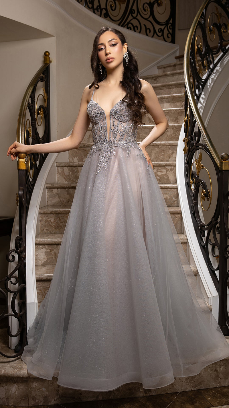 A-Line Glitter Tulle Evening Gown with Beaded Applique Bodice & Spaghetti Straps By May Queen MQ2178