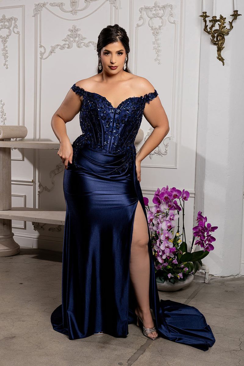 Off-Shoulder Sequin Applique Satin Evening Gown Formal Prom Dress By May Queen MQ2179