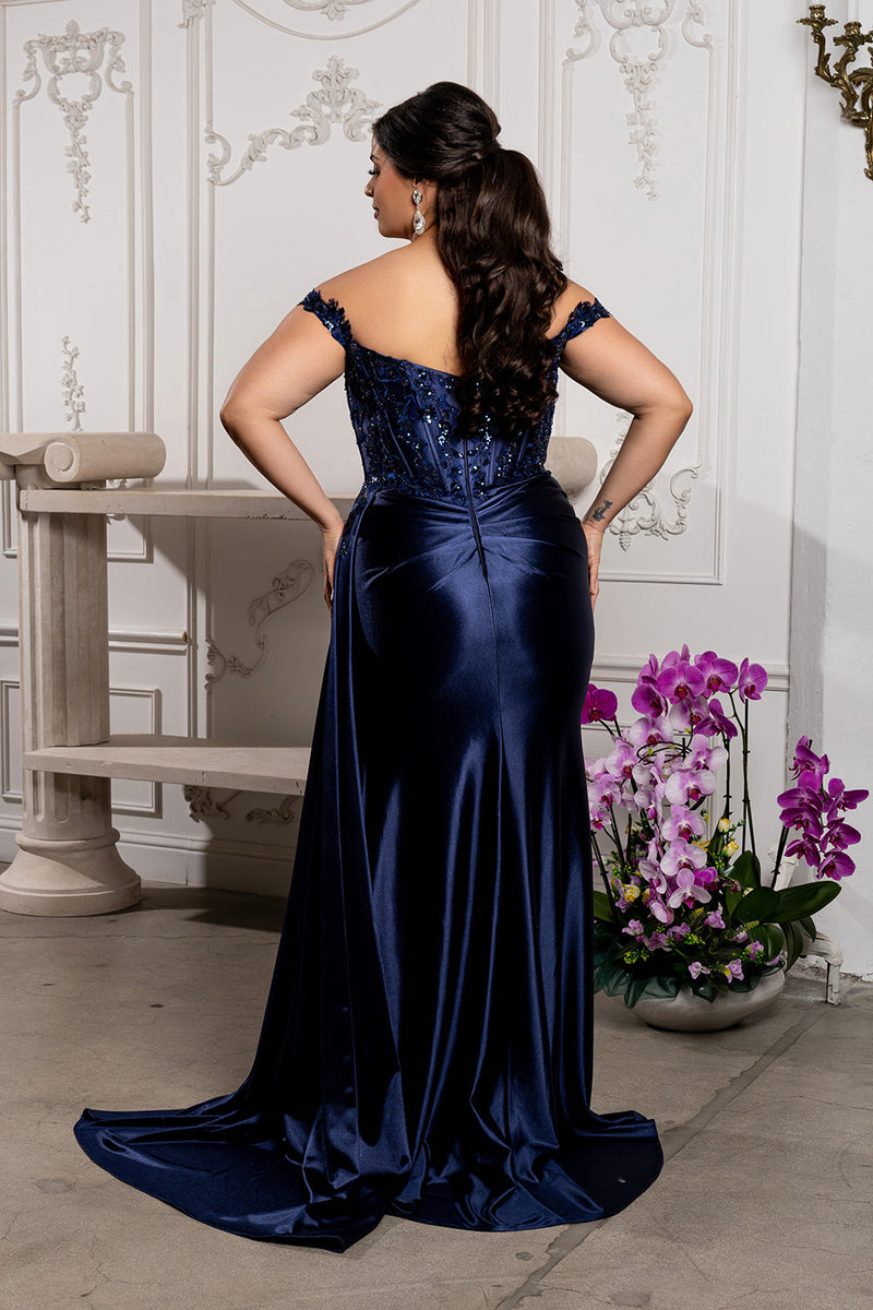 Off-Shoulder Sequin Applique Satin Evening Gown Formal Prom Dress By May Queen MQ2179