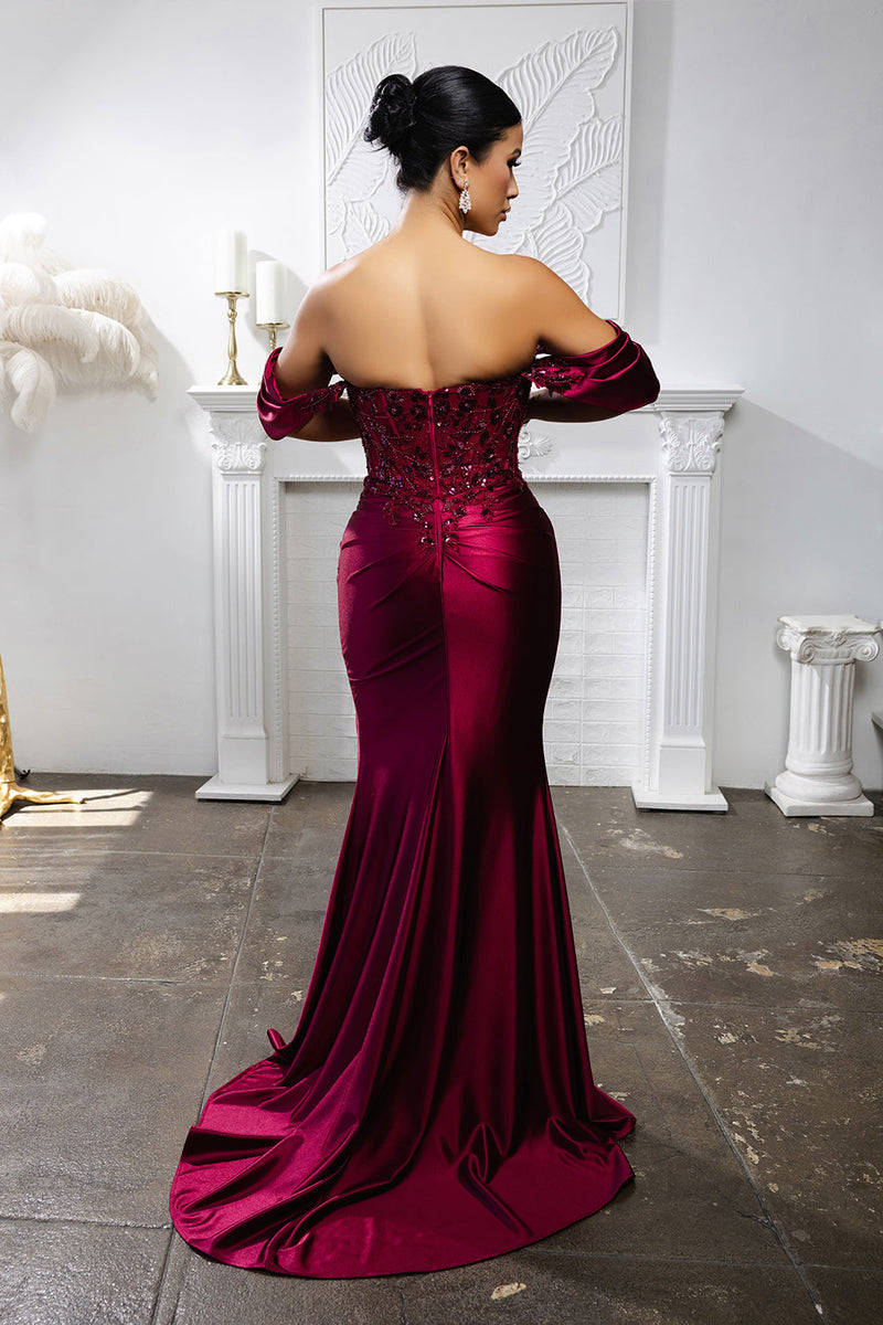 Off Shoulder Satin Mermaid Gown with Beaded Lace Appliqué & High Slit by May Queen MQ2181