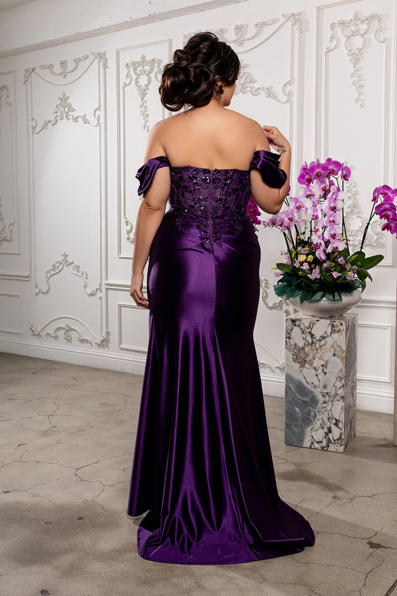 Off Shoulder Satin Mermaid Gown with Beaded Lace Appliqué & High Slit by May Queen MQ2181