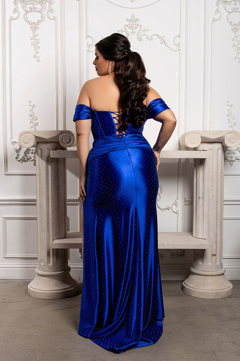Off-Shoulder Satin Evening Gown with High Slit and Corset Back Formal Prom Dress By May Queen MQ2182