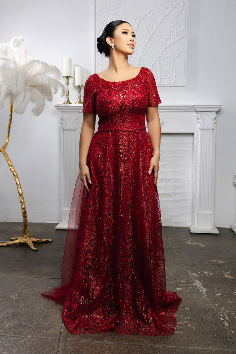 Beaded Short Sleeve A-Line Evening Gown with V-Back Mother of the Bride Dress by May Queen MQ2185