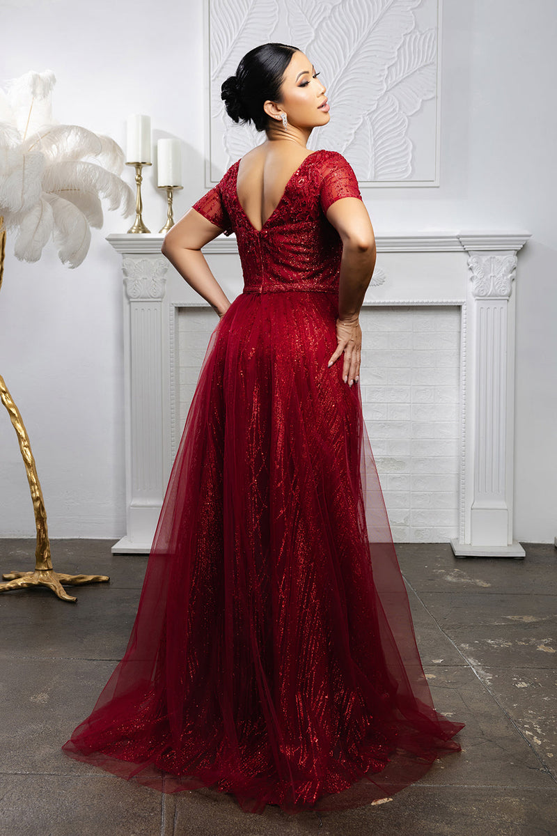 Beaded Short Sleeve A-Line Evening Gown with V-Back Mother of the Bride Dress by May Queen MQ2185