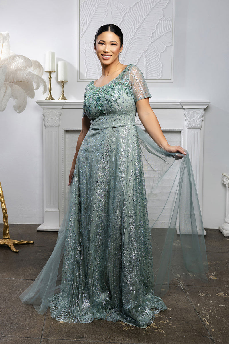 Beaded Short Sleeve A-Line Evening Gown with V-Back Mother of the Bride Dress by May Queen MQ2185