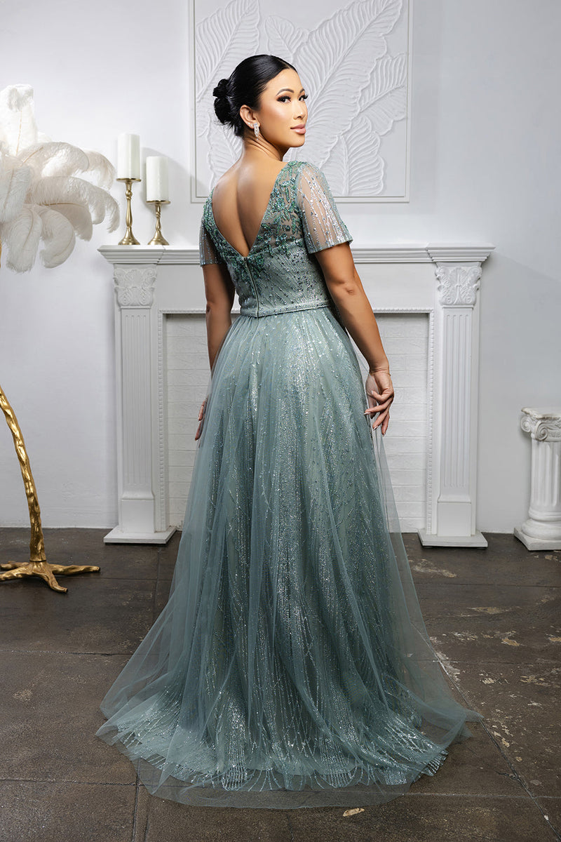 Beaded Short Sleeve A-Line Evening Gown with V-Back Mother of the Bride Dress by May Queen MQ2185