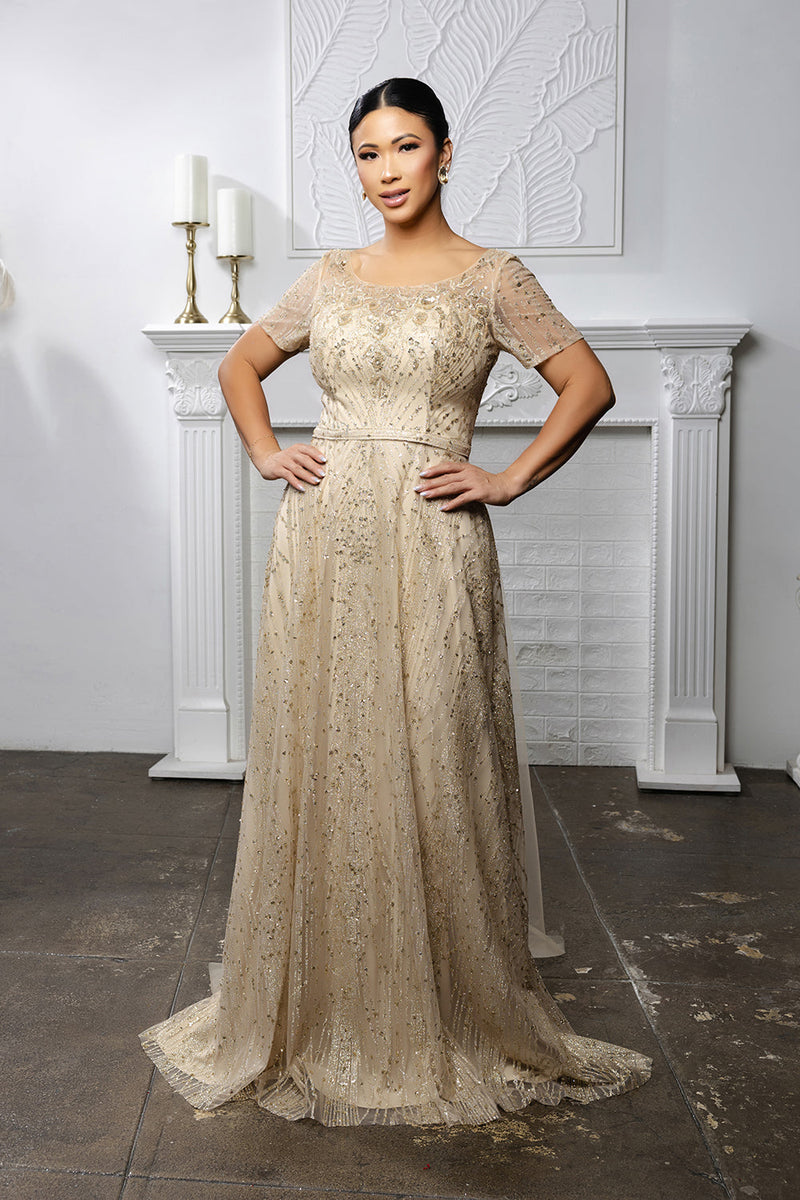 Beaded Short Sleeve A-Line Evening Gown with V-Back Mother of the Bride Dress by May Queen MQ2185