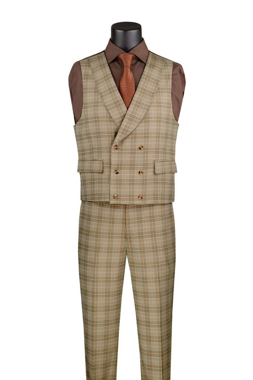 Khaki Modern Fit Windowpane Peak Lapel 3 Piece Suit