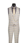 Modern Fit Windowpane Suit 3 Piece with U-Neck Vest in Light Beige