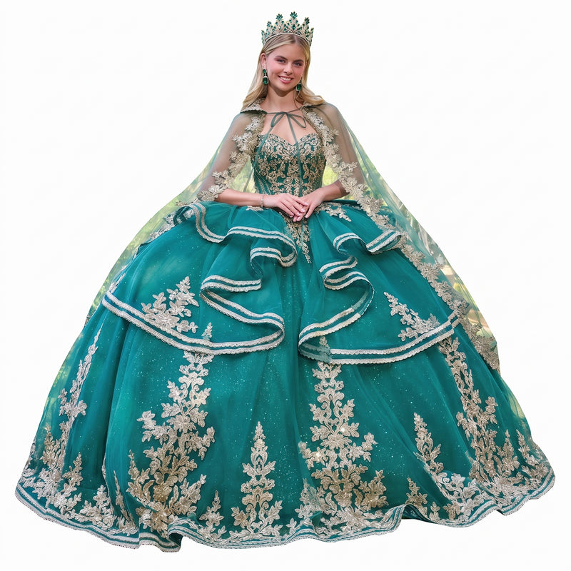 Elizabeth K GL3671 Emerald Green Quinceañera Ball Gown – Strapless Sweetheart Beaded Corset Dress with Ruffle-Tier Skirt & Embroidered Cape