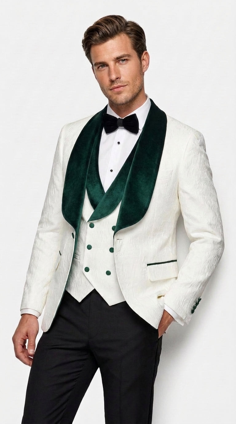 Men’s White and Hunter Green Tuxedo Dinner Jacket, Wide Velvet Shawl Lapel Groom Prom Blazer