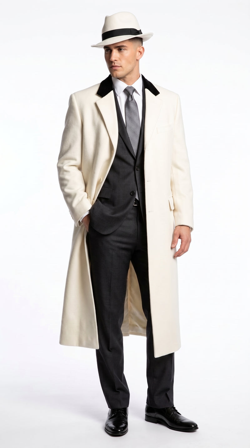 Men’s White Full-Length Trench Coat – Classic Formal Overcoat & Dress Topcoat for Men