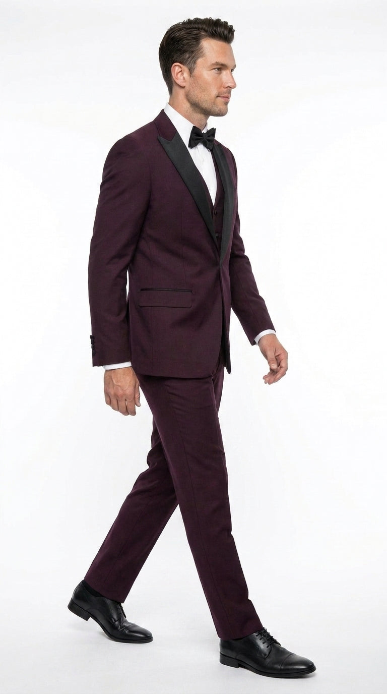 Alberto Men’s Burgundy 1 Button Peak Lapel Tuxedo, Formal Wedding Prom Dinner Suit