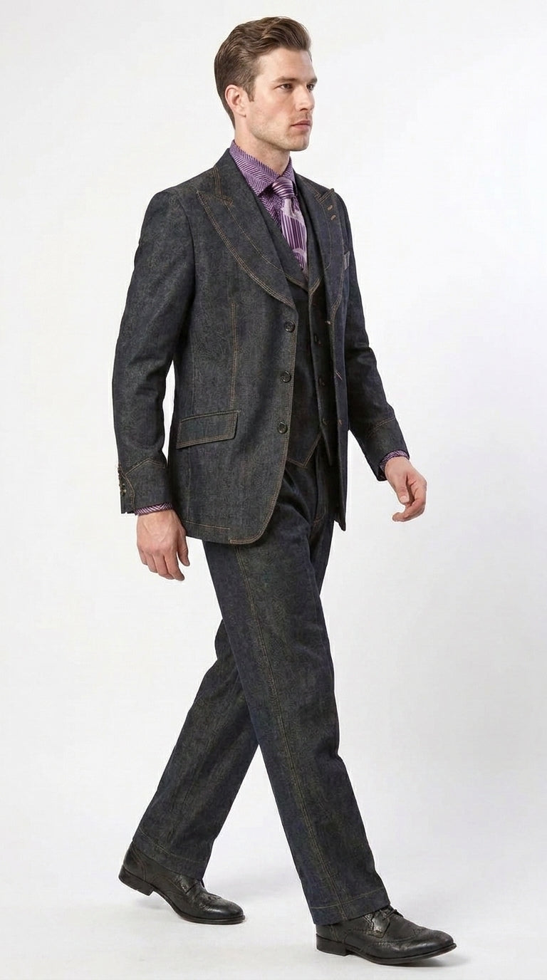 Apollo King Men’s Black Denim Vested Suit, Peak Lapel Wide Leg Formal Dress Suit