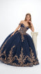 Navy/Gold Off-Shoulder V-Neck Satin Corset Lace AppliquƩ Ball Gown with Bow by Elizabeth K GL3674