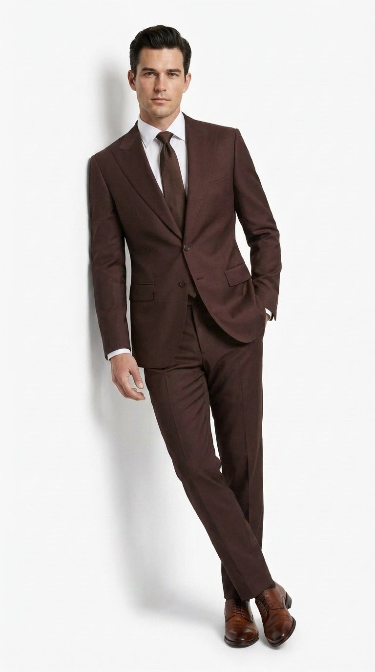 Statement Men’s Brown 2 Piece Wool Suit, Modern Fit Formal Wedding Business Suit with Pic Stitching